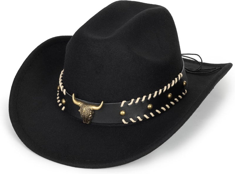 FGSS Western-Cowboy-Hats for Women Men - Classic Wide Brim Felt Fedora Unisex Upturn Bull Head Cowgirl Caps with Buckle Belt - Image 1